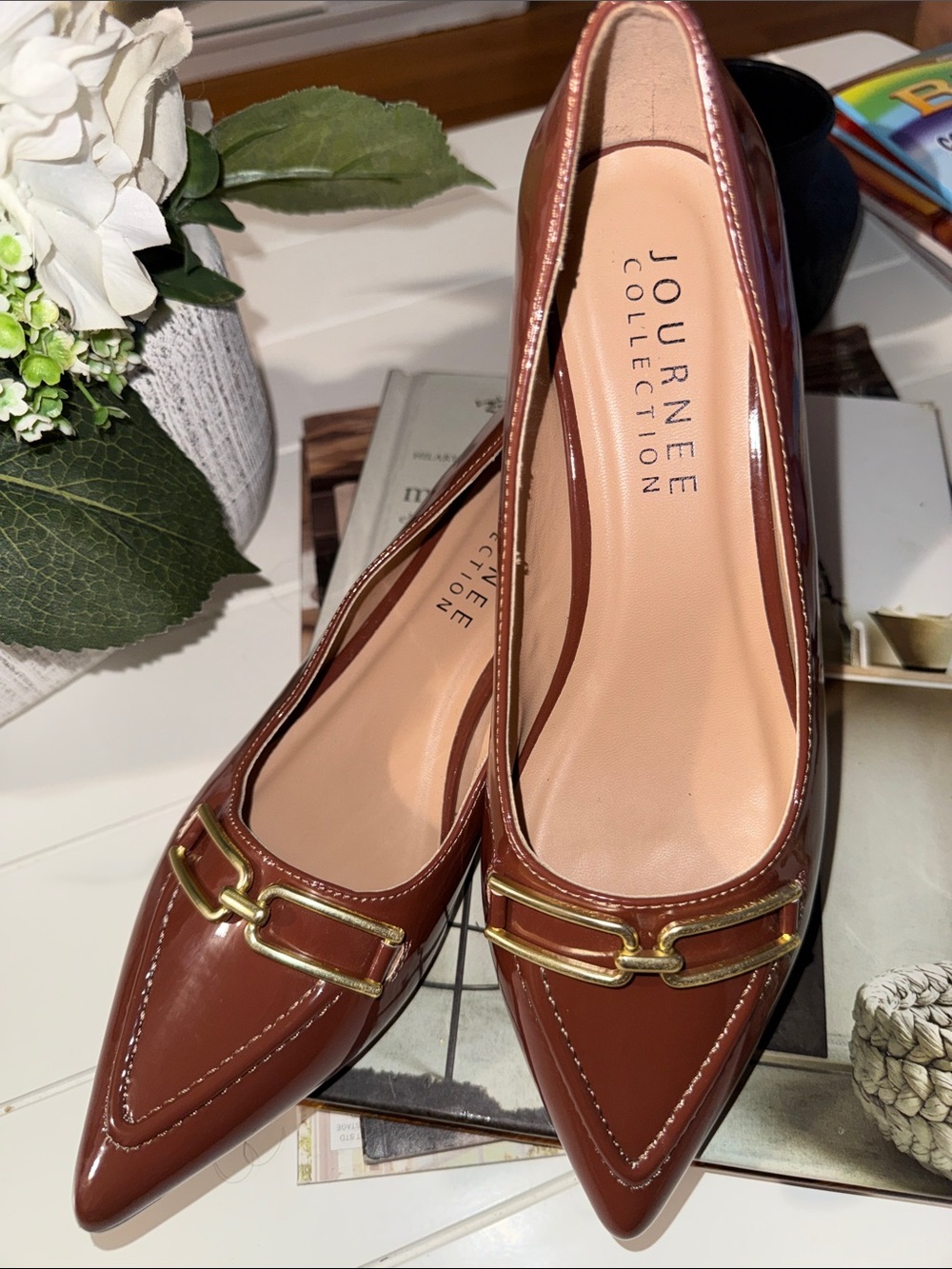 Journee Collection Rust Brown Pointed Toe Kitten Heel Loafer with Gold Buckle - Picture 3 of 8